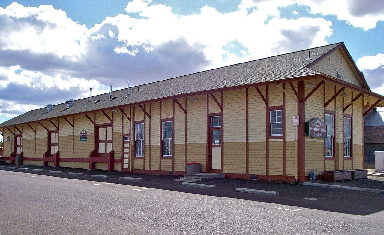 The restored yellow Southern Pacific railroad depot in Lebanon.